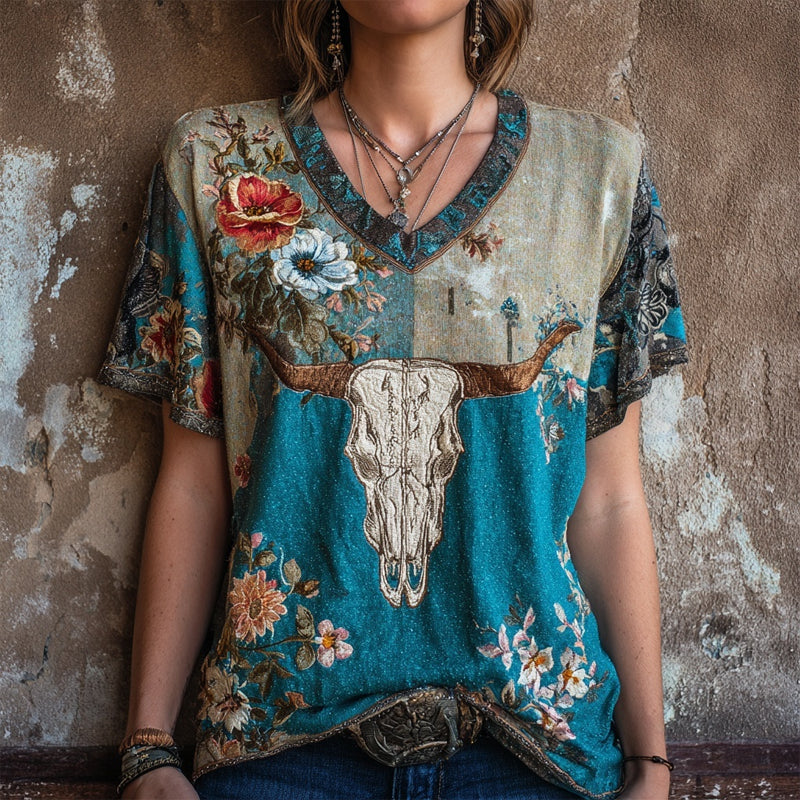Western Bull Skull & Flowers Embroidered Comfy T Shirt