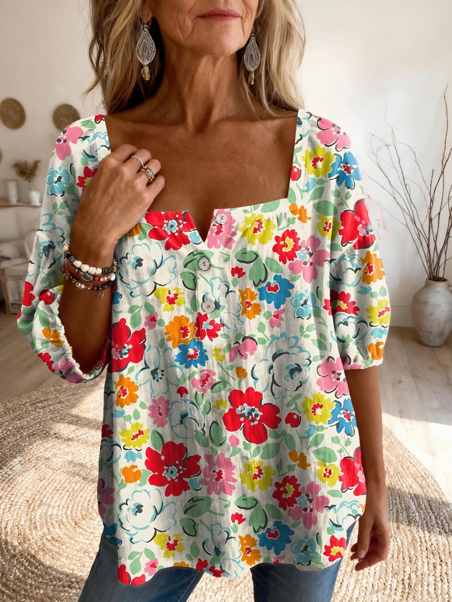 Ethnicity Bohemian Flowers Women's Vintage Art Print Casual Square-neck Top