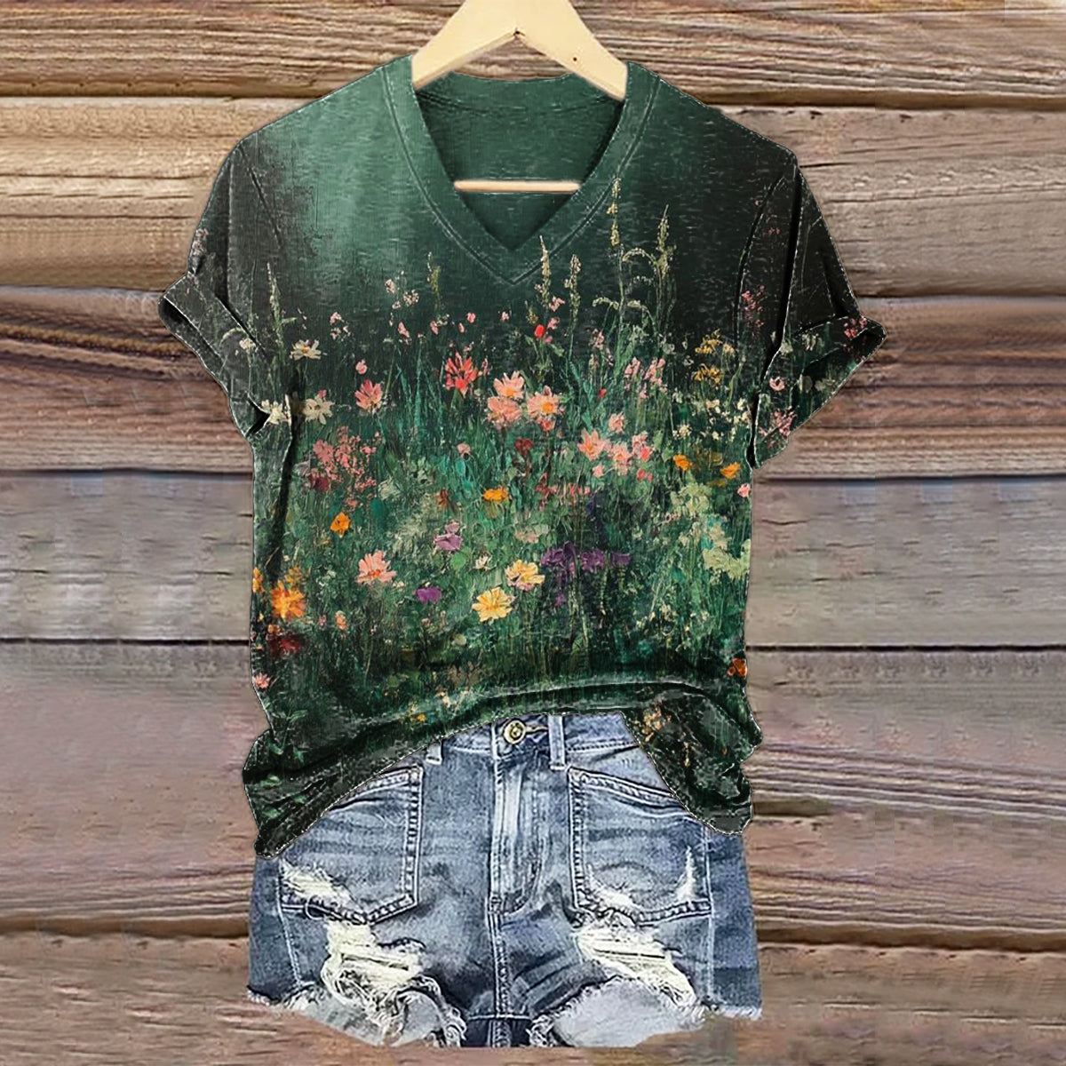 Women's Vintage Floral Art Print V-neck Casual T-Shirt