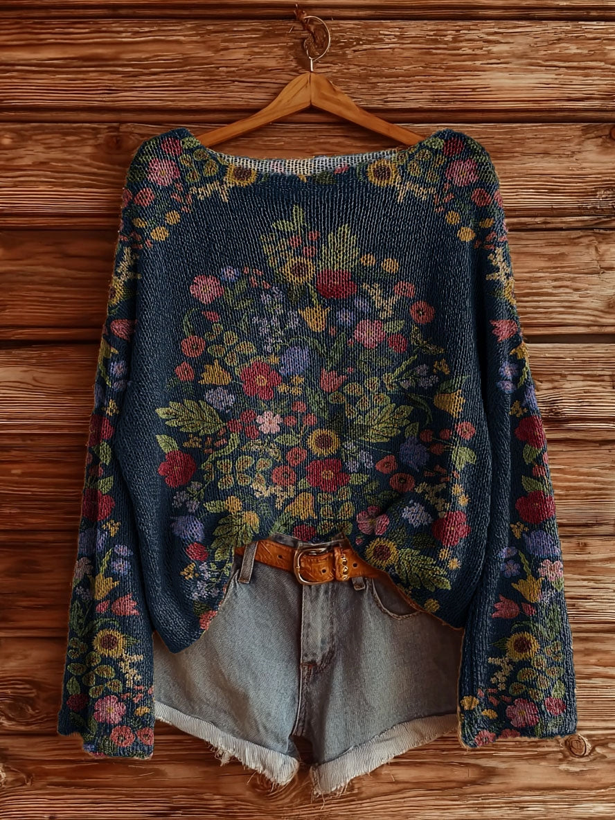 Women's Vintage Floral Tattoo Pattern Art Print Casual Pullover Sweater