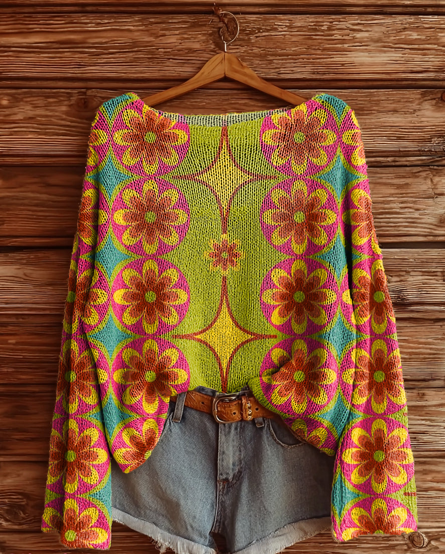 Women's Hippie Bohemian Floral Art Print Casual Pullover Sweater