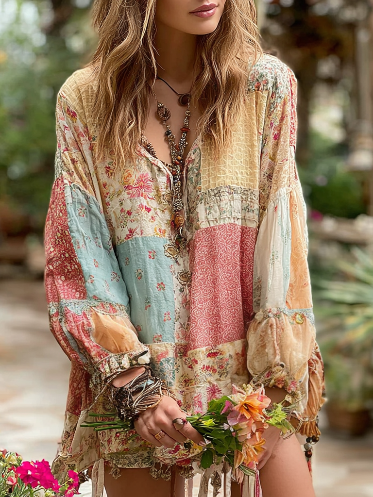 Women's Vintage Floral Art Patch Loose Fit T-shirt