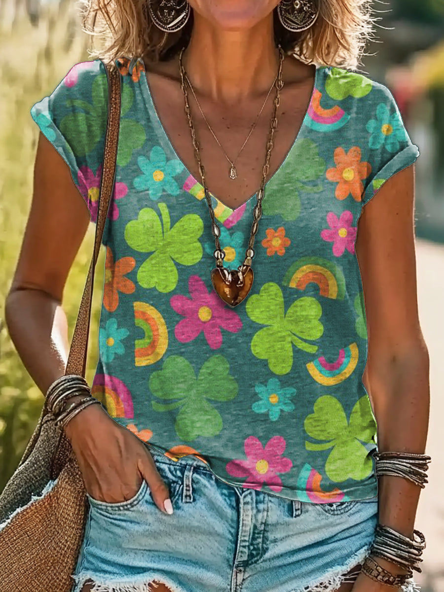 Women's Saint Patrick's Day Print Cotton V-neck T-Shirt