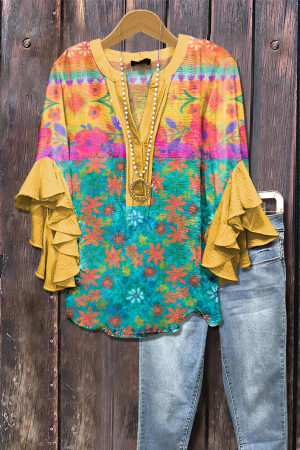 Elegant Boho Floral Print Ruffle Sleeve Top