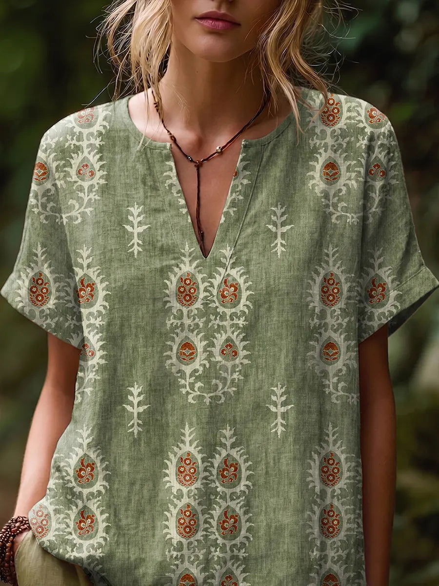 Ethnicity Totem Pattern Women's Art Print Casual Short-sleeve V-neck Cotton Linen Shirt