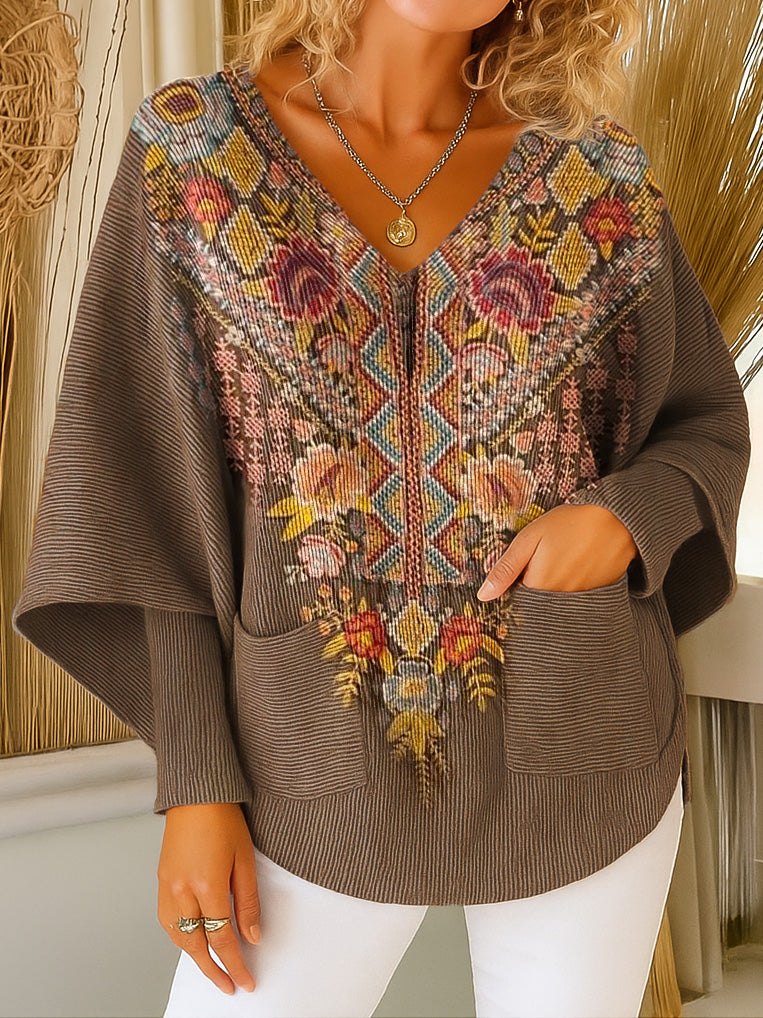 Bohemian Totem Ethnic Floral Art Print V-neck Pocket Knit Sweater