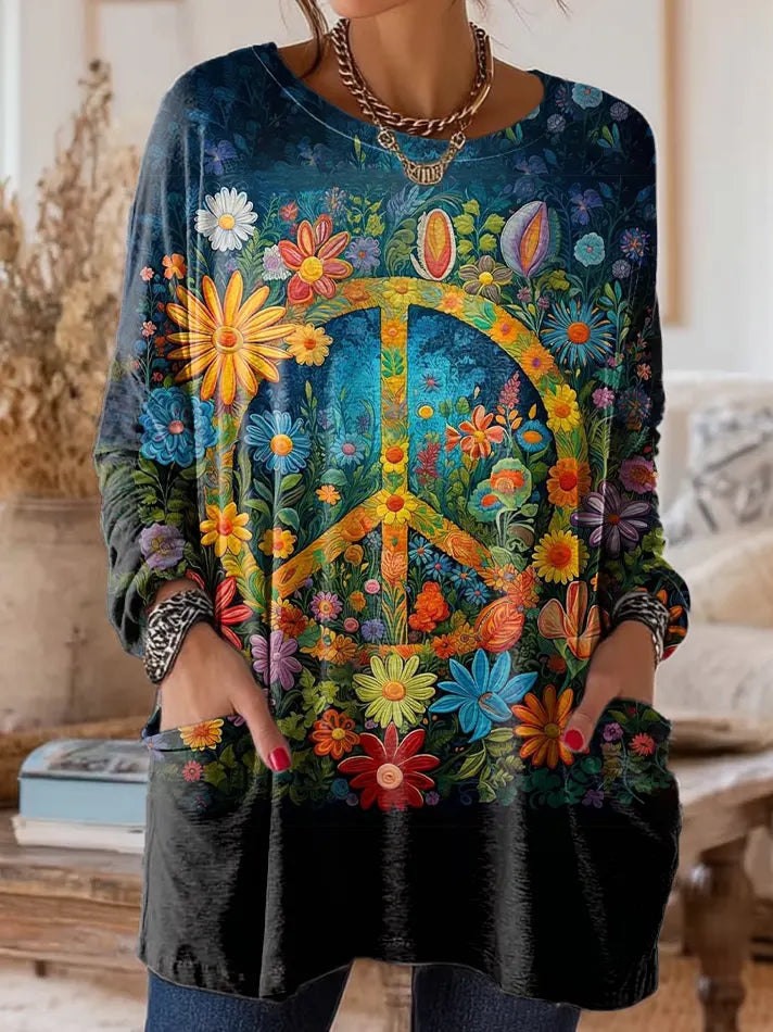 Women's Art Print Long-sleeve T-shirt With Hippie Pattern