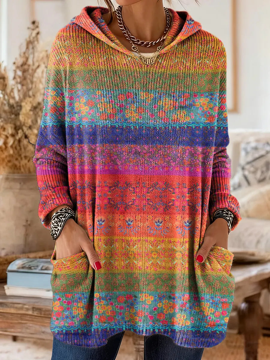 Vintage National Flower Stripes Women's Print Casual Long Sleeve Hooded Sweater