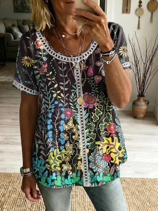 Women's Floral Art Print Round Neck Short Sleeve Hollow-Out Shirt
