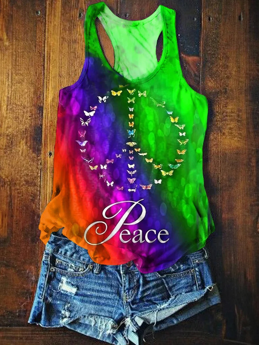 Women's Tie-Dye Love Peace Hippie Pattern Art Print Punk Hippie Batwing Pleated Fringe Cape Dresses
