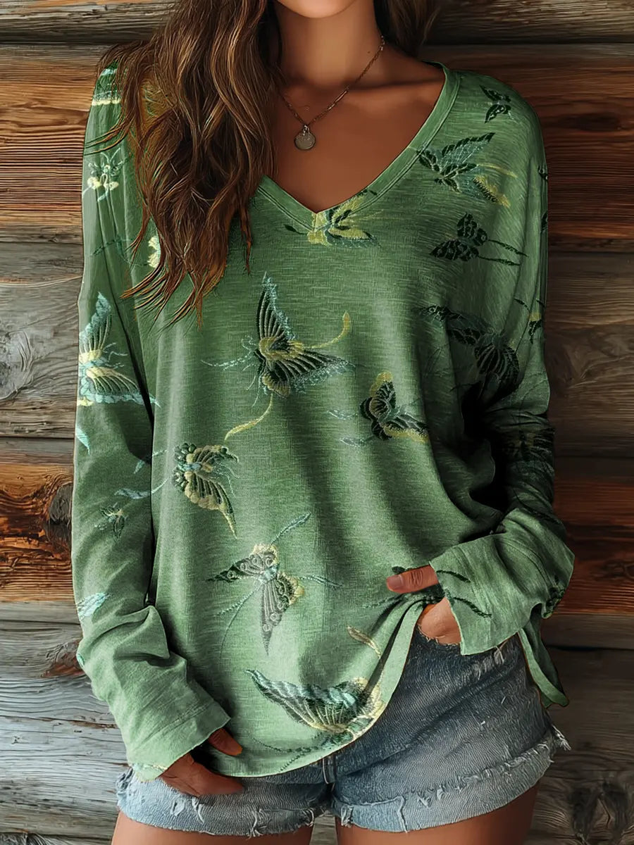 Women's Fresh Green Gradient Butterfly Print Casual V-Neck Long-Sleeve T-Shirt
