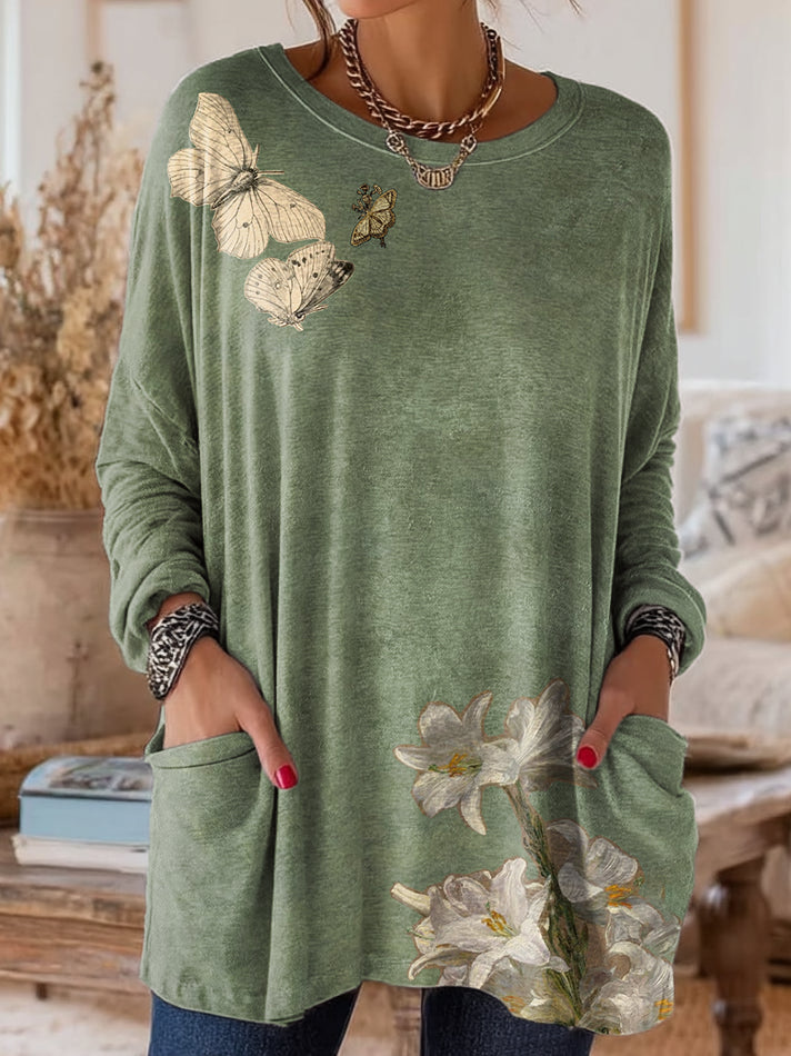 Women's Retro Floral Art Print Casual Long Sleeve Round Neck Cotton T-Shirt