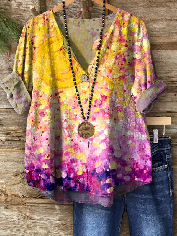 Women's Sun Colorful Pattern Art Print Casual Cotton Linen Shirt