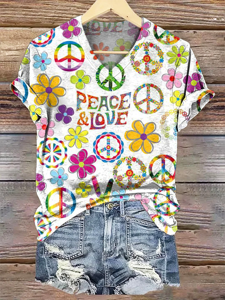 Women's Hippie Peace Love Art Patterns Print V-neck Casual T-Shirt