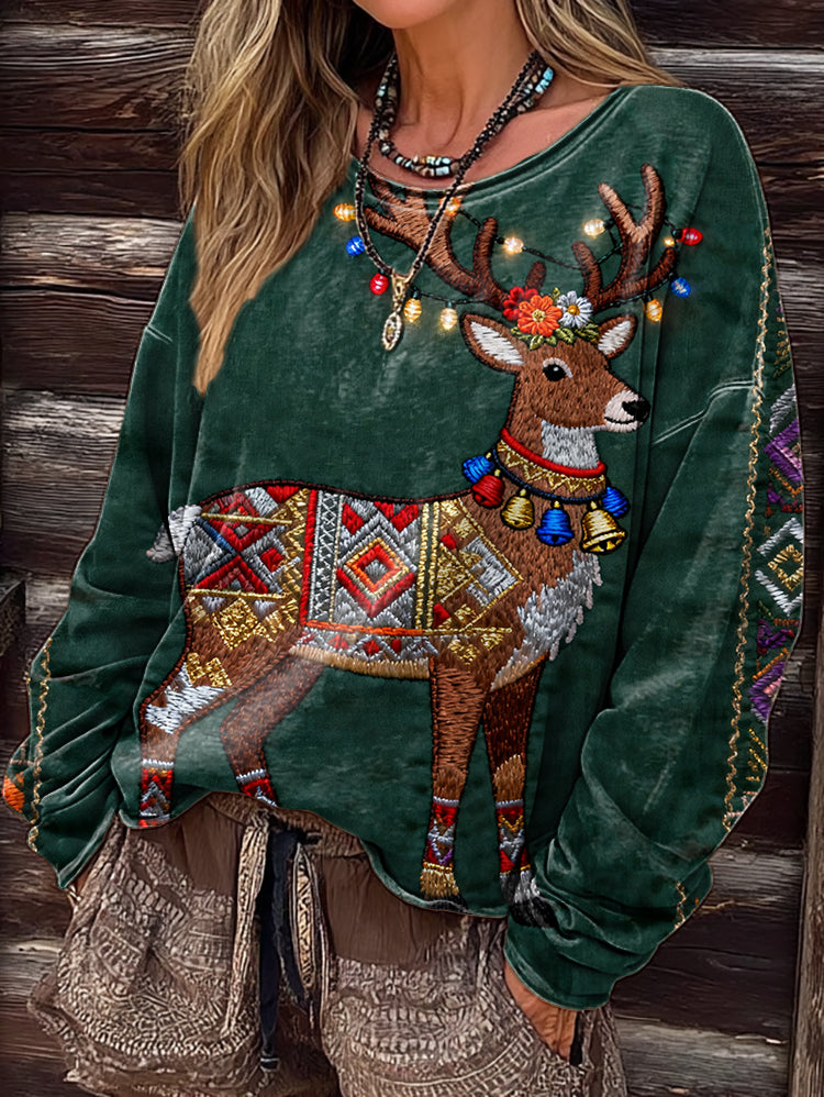 Women's Vintage Christmas Art Print Casual Long-Sleeve Crew Neck T-Shirt