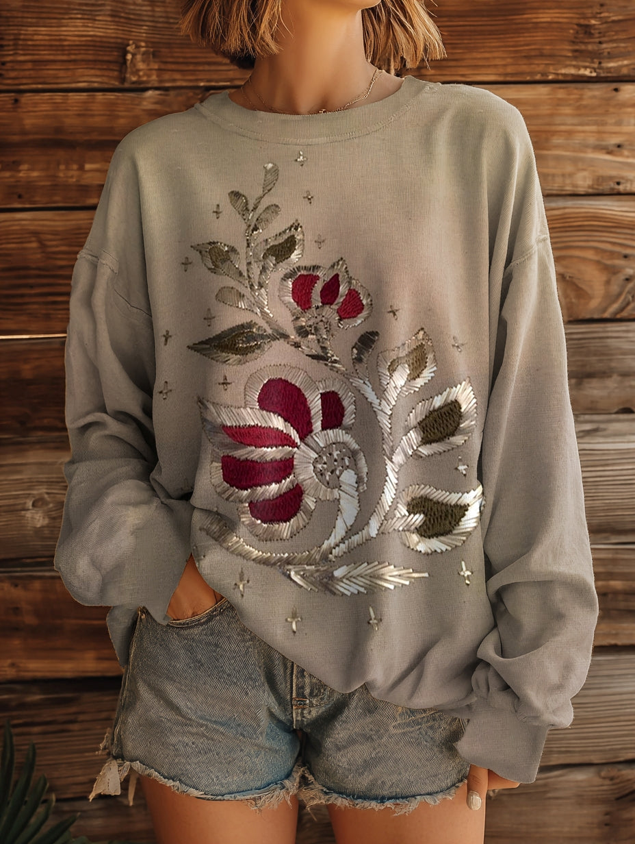 Women's Vintage Floral Art Pattern Print Casual Crew Neck Sweatshirt