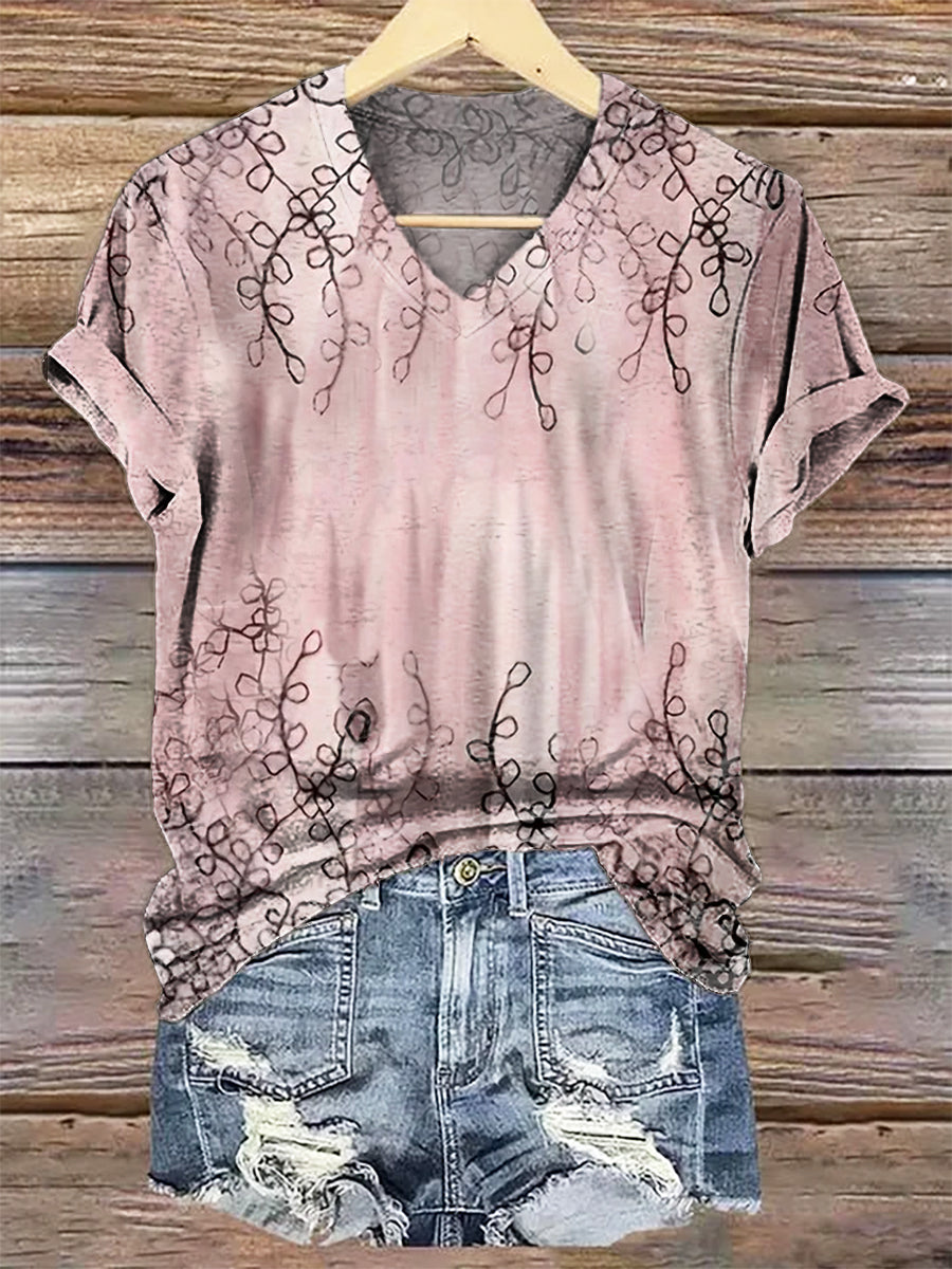 Women's Simple Floral Art Print V-Neck Casual T-Shirt