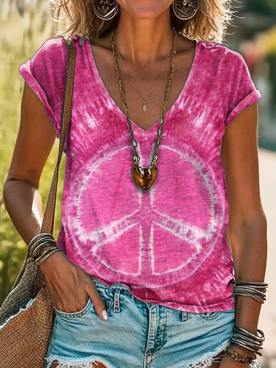 Women's Colorful Hippie Tie Dye Art Print Cotton V-neck T-Shirt