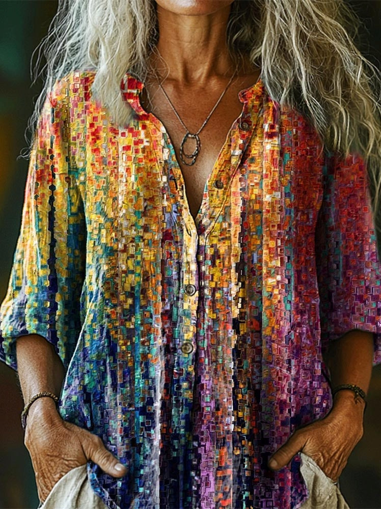 Women's Colorful Abstract Texture Art Print Casual Cotton Linen Shirt