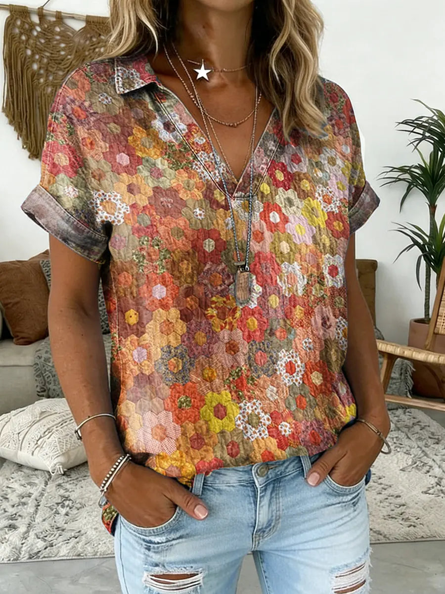 Women's Colorful Flowers Print V-neck Short-sleeve Shirt