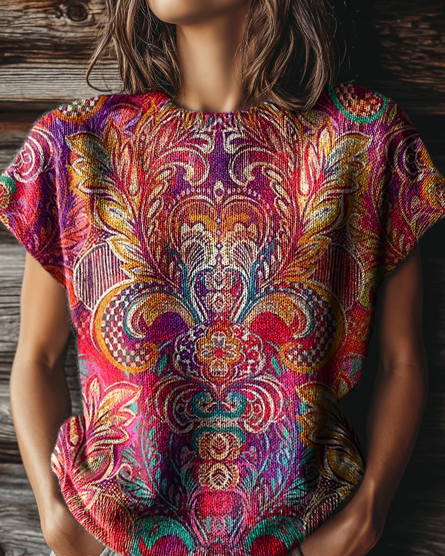 Women's Retro Ethnic Bohemian Floral Art Print Casual Crew Neck Short Sleeve Knitted Sweater