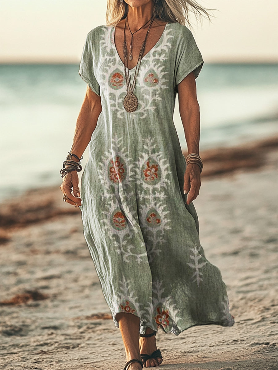 Women's Ethnic Pattern Printed Short Sleeve Pocket Cotton Linen Dress