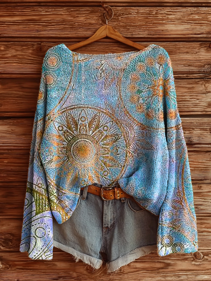 Women's Vintage Mandala Floral Art Print Casual Pullover Sweater
