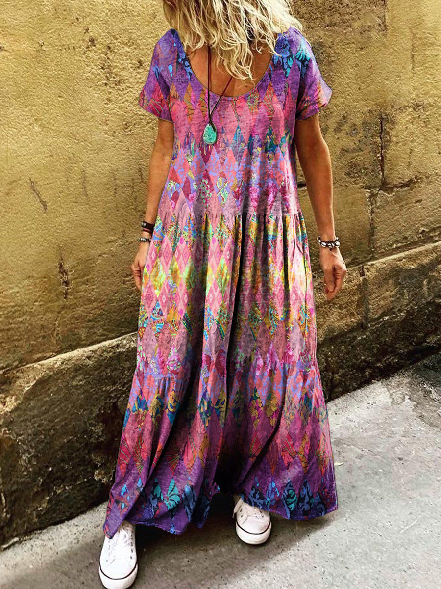 Women's Retro Bohemian Ethnic Collage Art Print Pocket Short Sleeve Cotton Dress