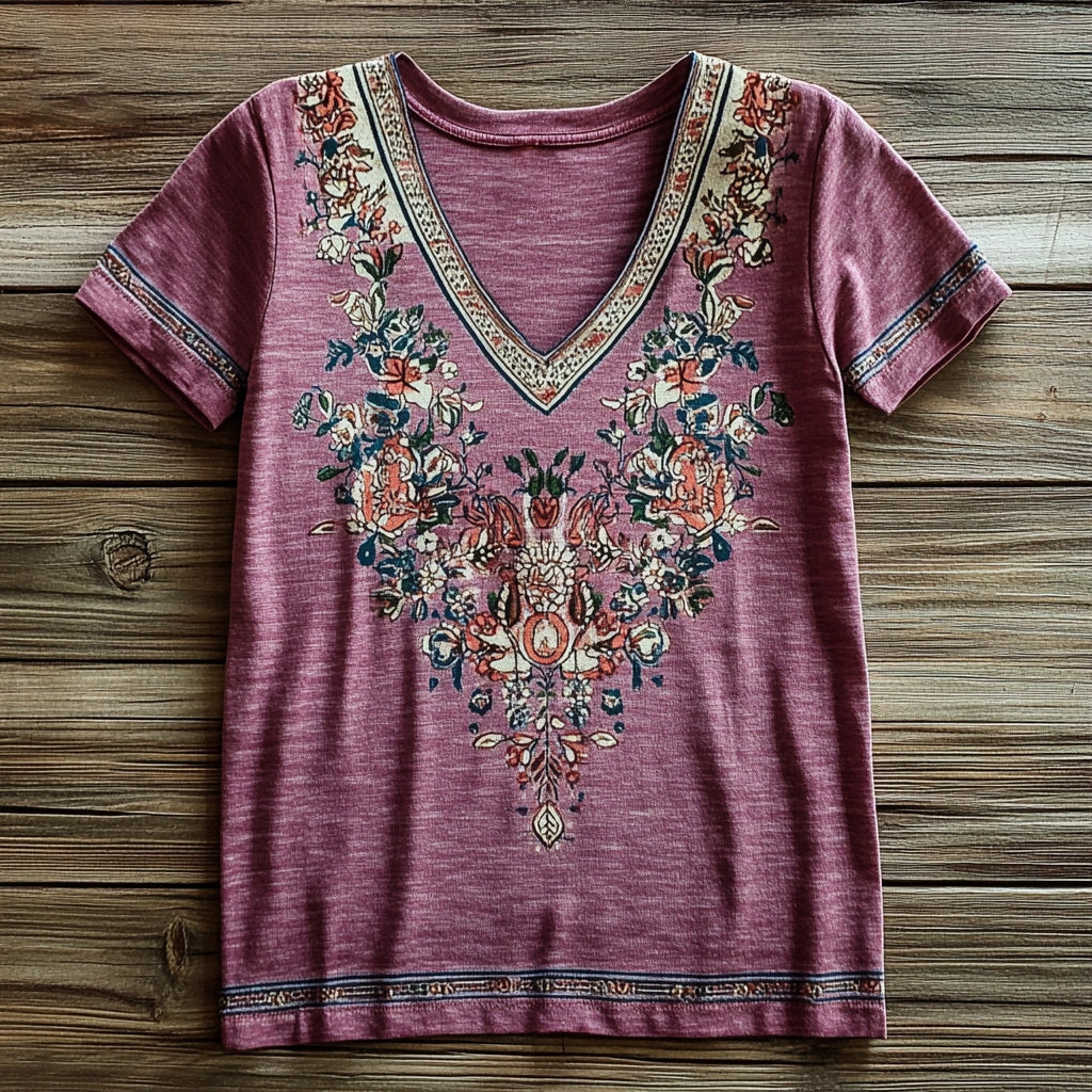 Women's Ethnic Totem Floral Art Print V-Neck Cotton T-Shirt