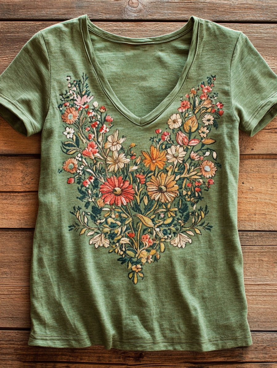 Women's Bohemian Vintage Folk Art Floral Pattern Print V-Neck Cotton T-Shirt