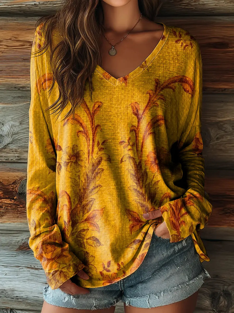 Women's Vintage Ginger Yellow Bohemian Floral Print Casual V-Neck Long-Sleeve T-Shirt