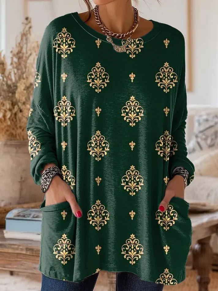 Women's Vintage Ethnic Floral Pattern Art Print Casual Long-sleeve T-shirt