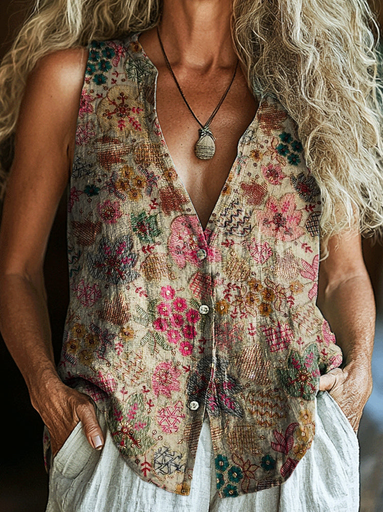 Women's Vintage Folk Floral Art Print Sleeveless Cotton Shirt