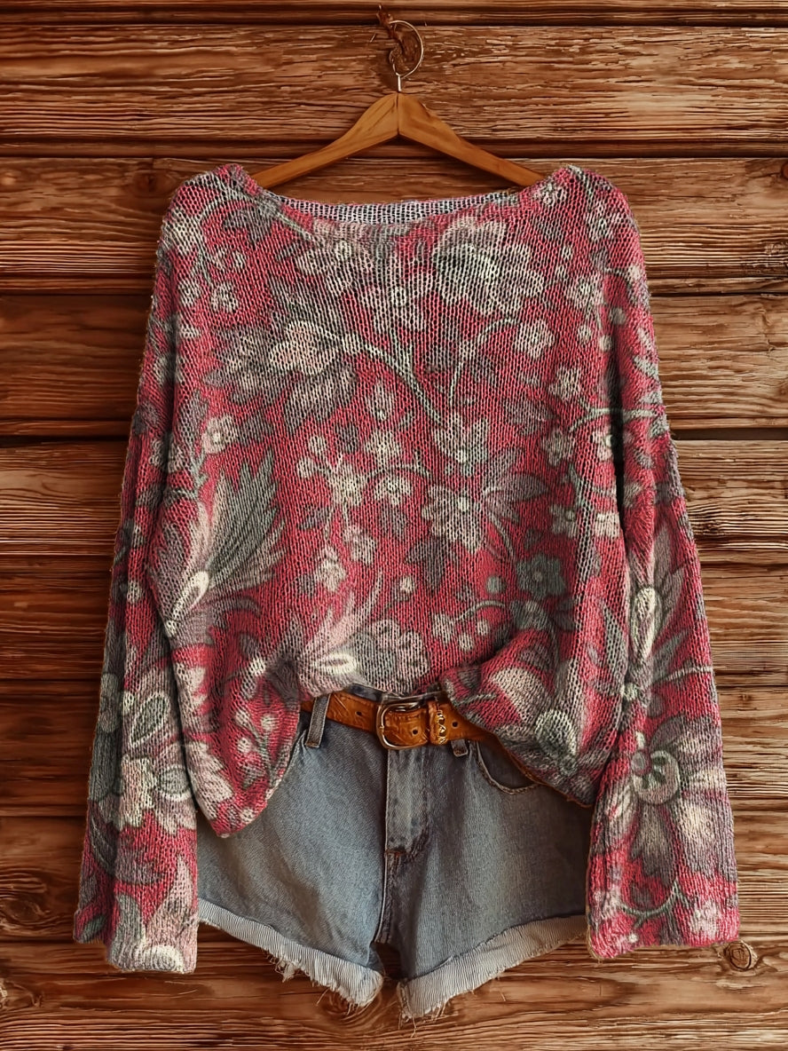 Women's Vintage Floral Art Pattern Print Casual Pullover Sweater