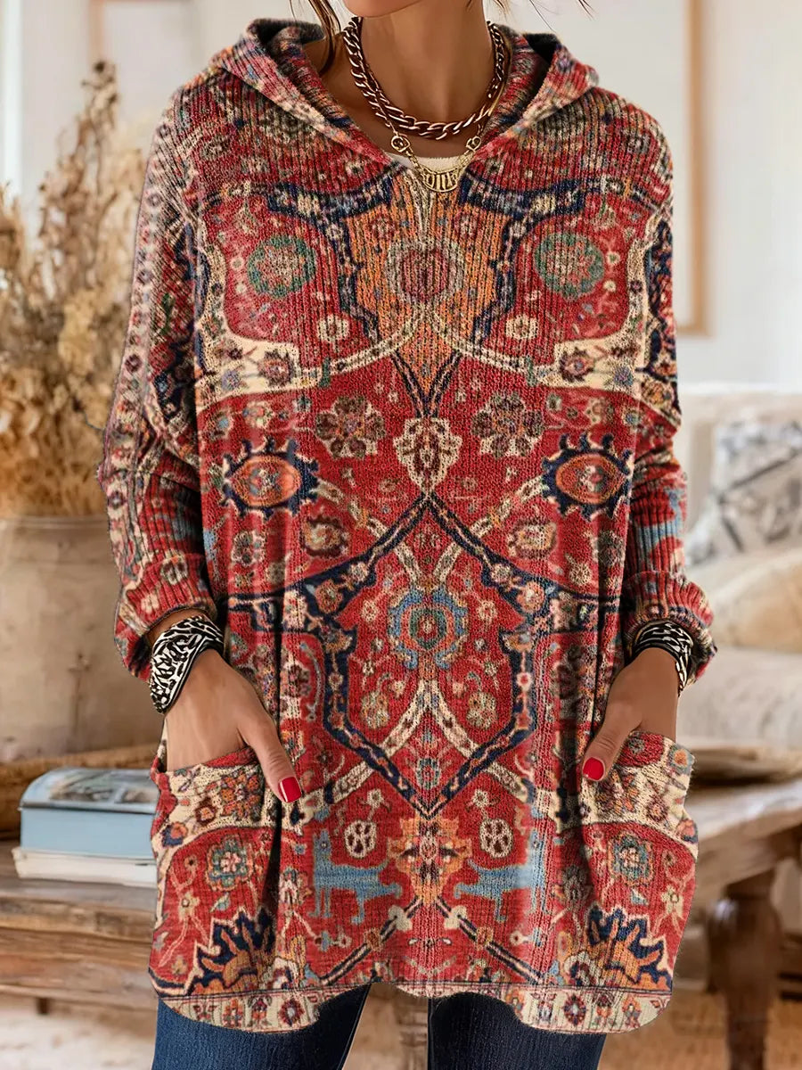 Women's Ethnic Totem Floral Art Print Casual Knitted Pocket Hooded Tunic Top