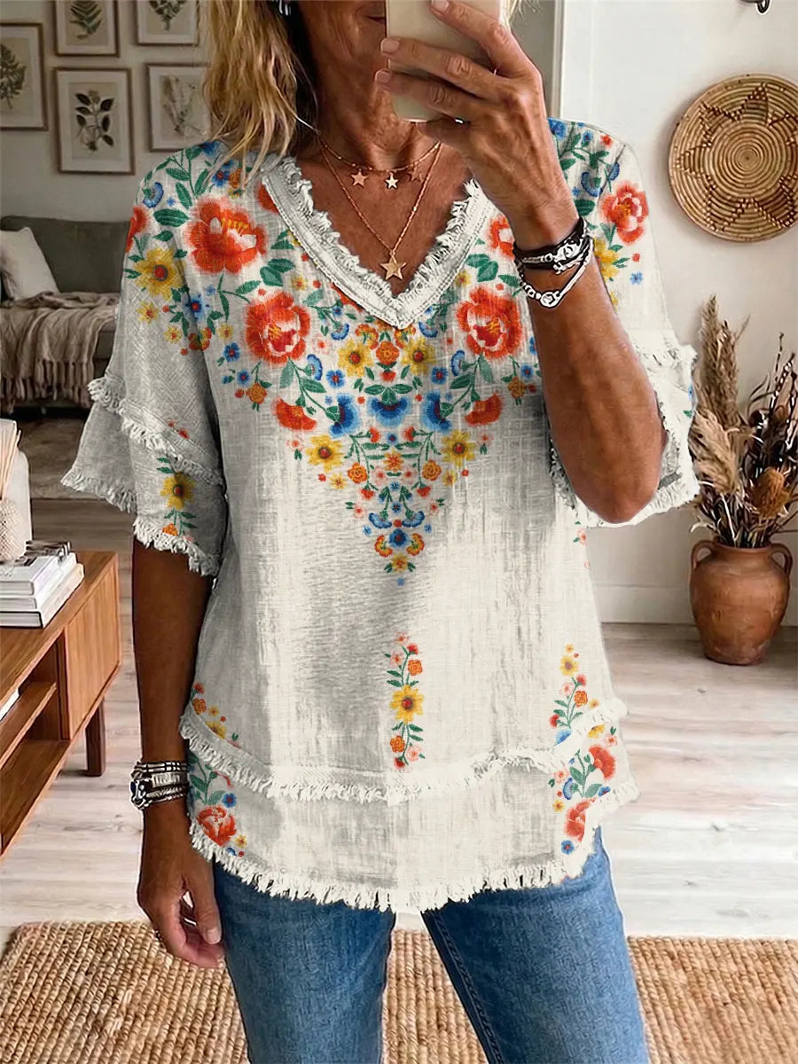 Ethnicity Bohemia Flowers Colorful Women's Art Casual Patchwork V Collar Shirt