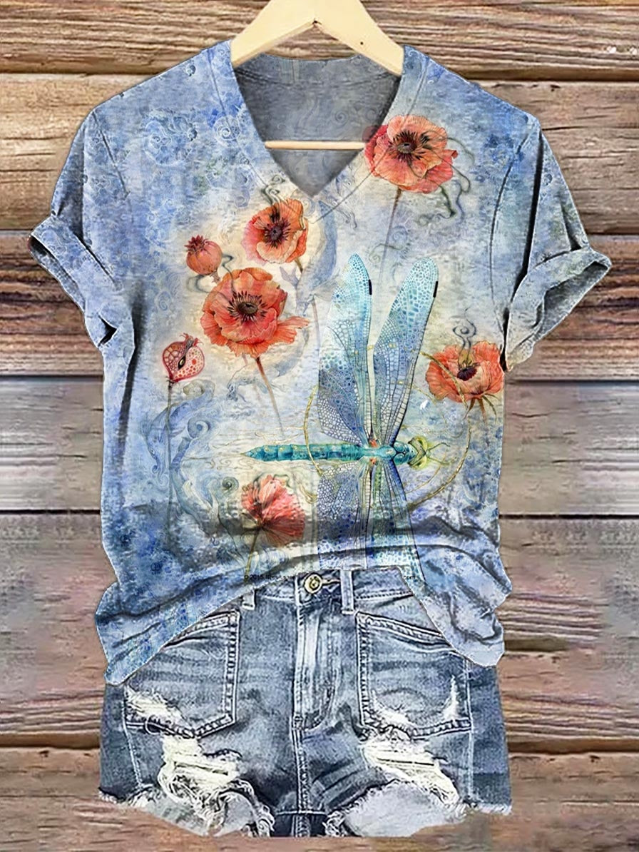 Women's Vintage Floral Dragonfly Print V-neck Casual T-Shirt