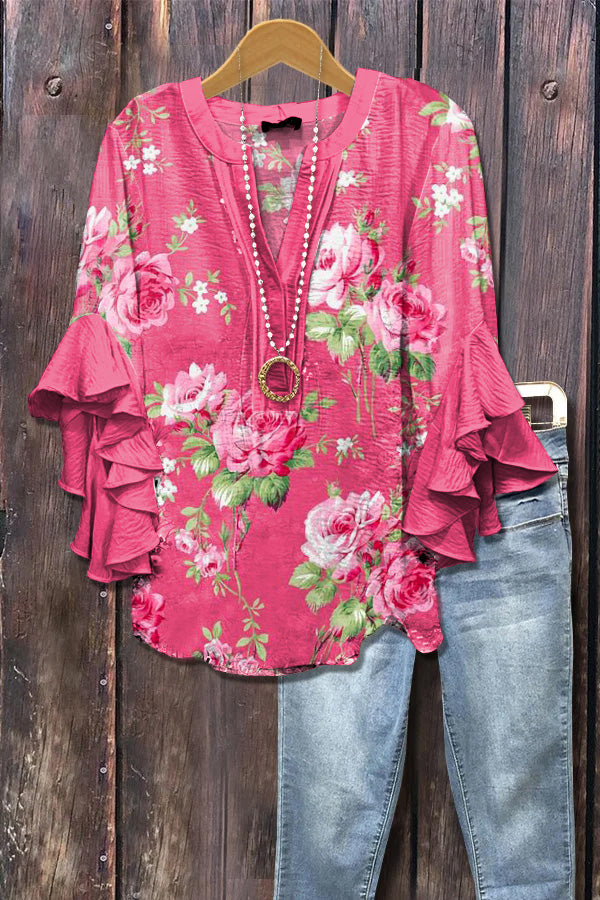 Elegant Rose Floral Print Ruffle Sleeve Top