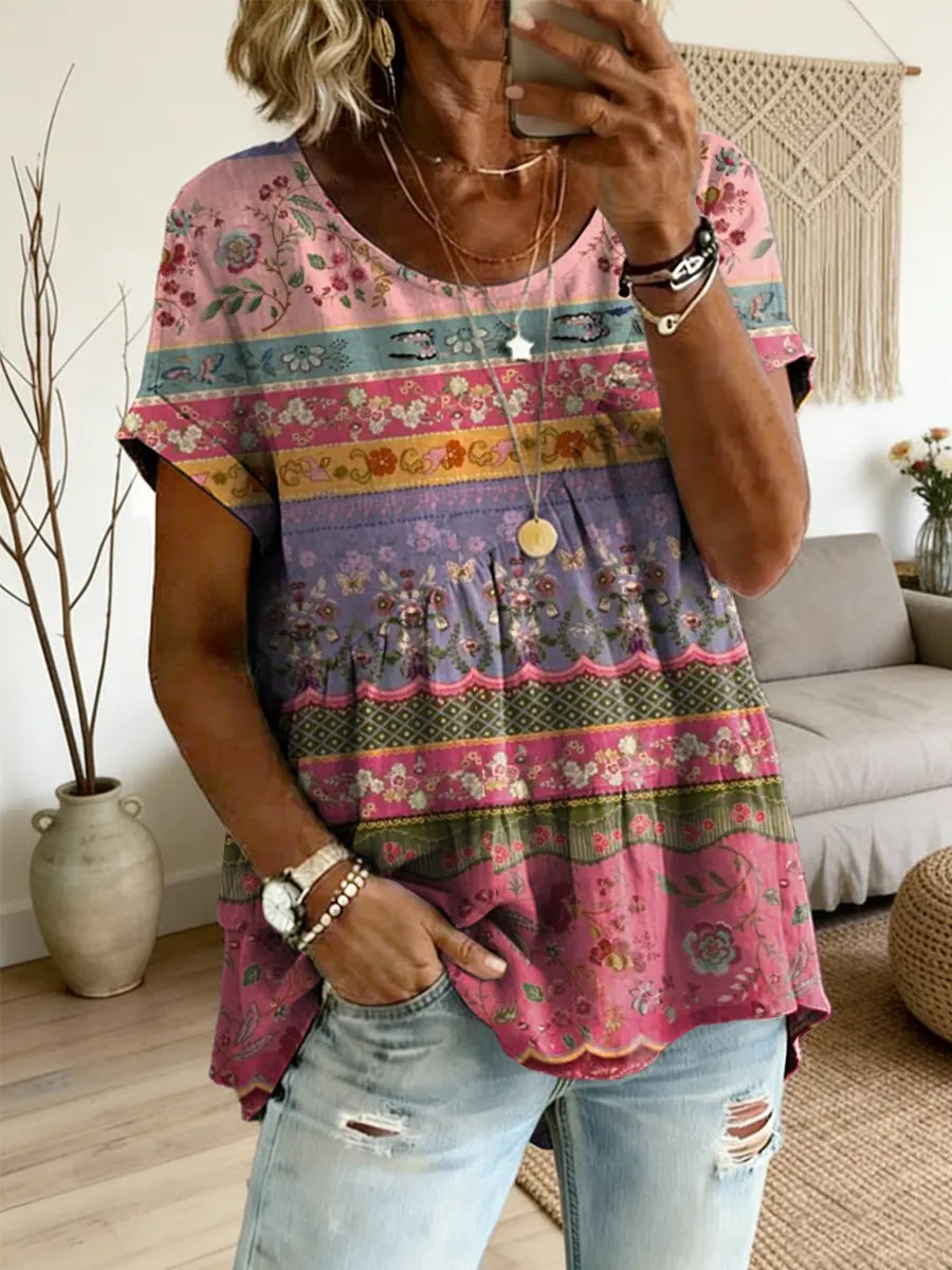 Ethnicity Patchwork Flowers Women's Art Print Round Neck Loose Short-sleeved Shirt – Side Tether