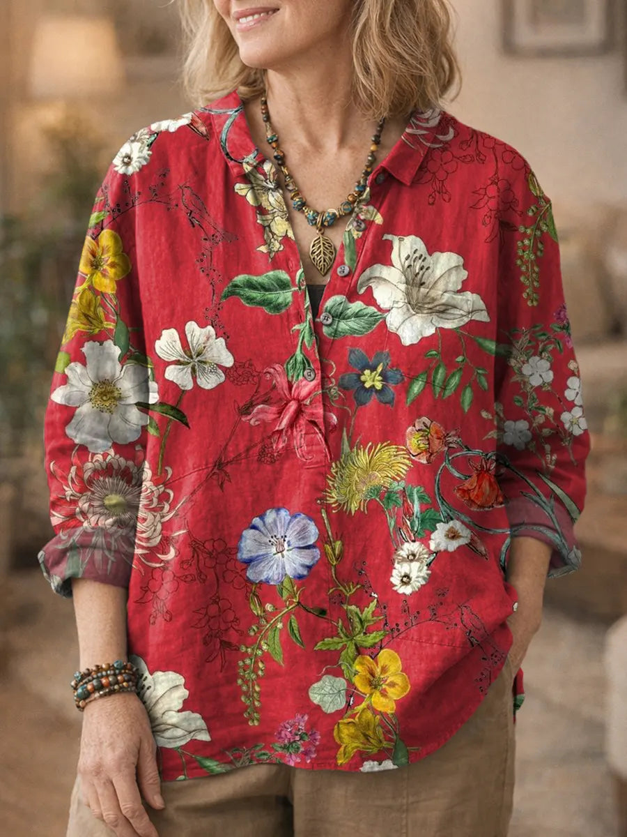 Ethnicity Flowers Red Women's Print Casual Cotton And Linen Shirt