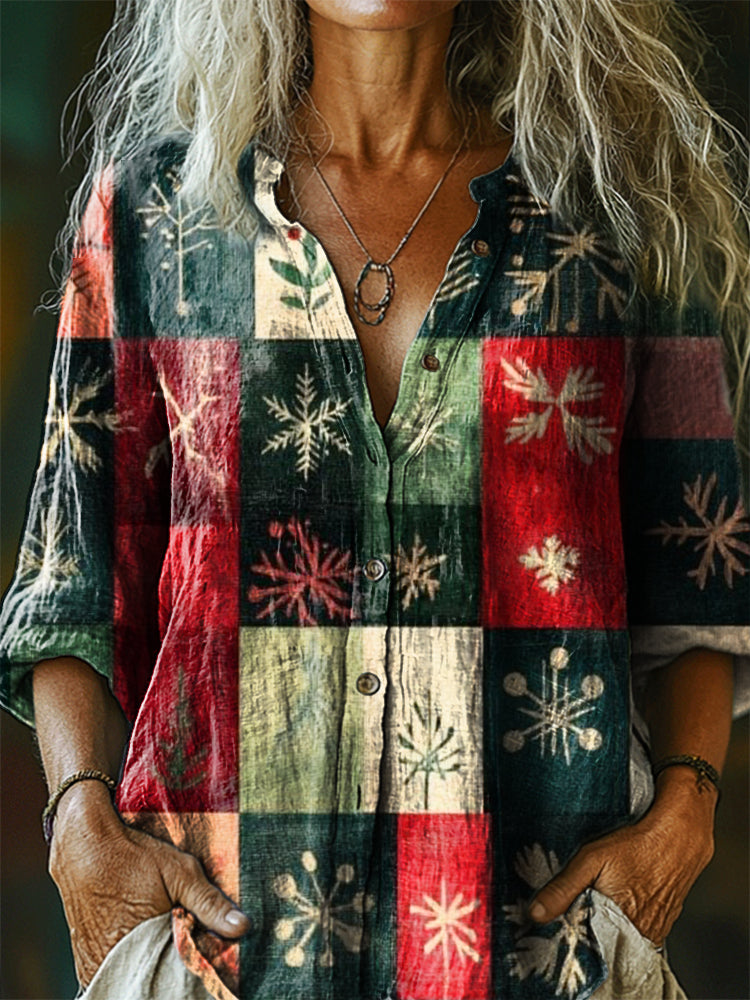 Women's Christmas Patchwork Art Print Casual Cotton Linen Shirt