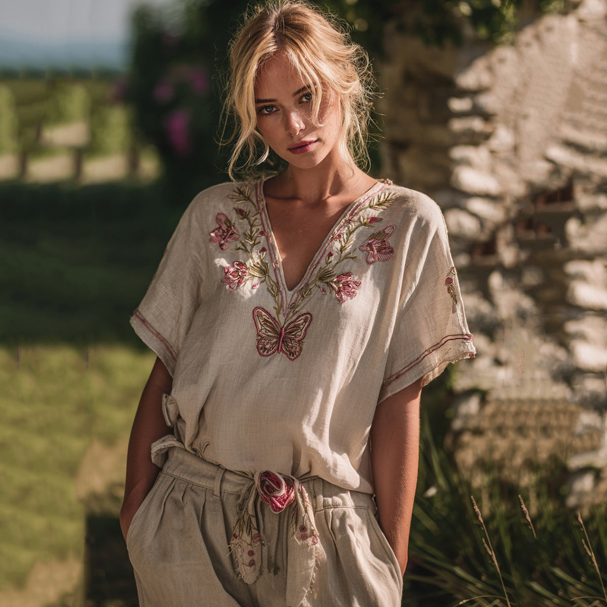 Cozy Pink Floral Butterfly Embroidery Short Sleeve Linen Blend T-shirt
