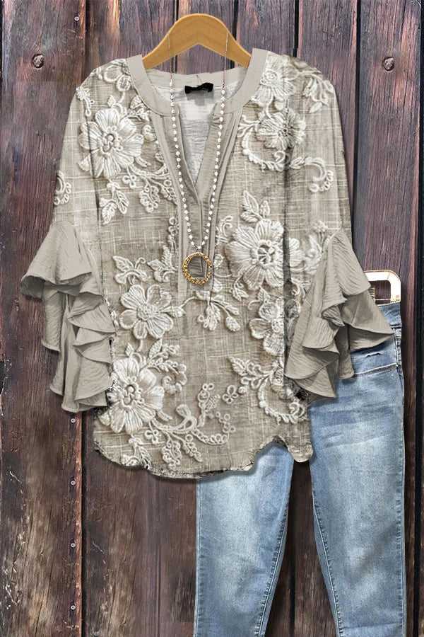 Elegant Embroidered Floral Print Ruffle Sleeve Top