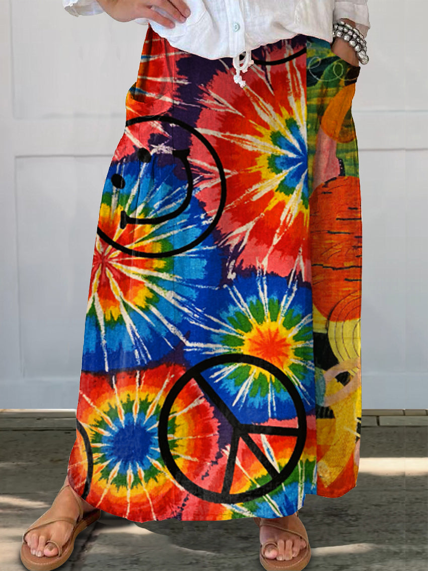Women's Hippie Art Print Linen Pocket Skirt