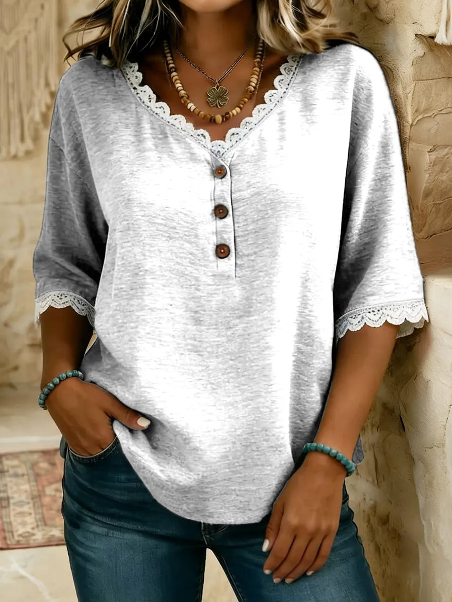 Women's V-Neck Lace Trim Cotton Top