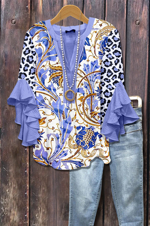 Retro Floral Print Leopard Ruffle Sleeve Top