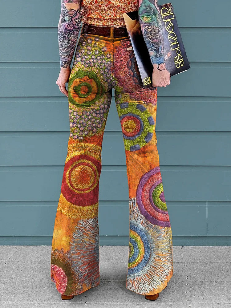 Women's Vintage Ethnic Stitching Print Mid-Rise Button-Hem Bootcut Pants (Without Belt)