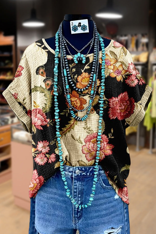 Vintage Floral Print Dolman Sleeve Top