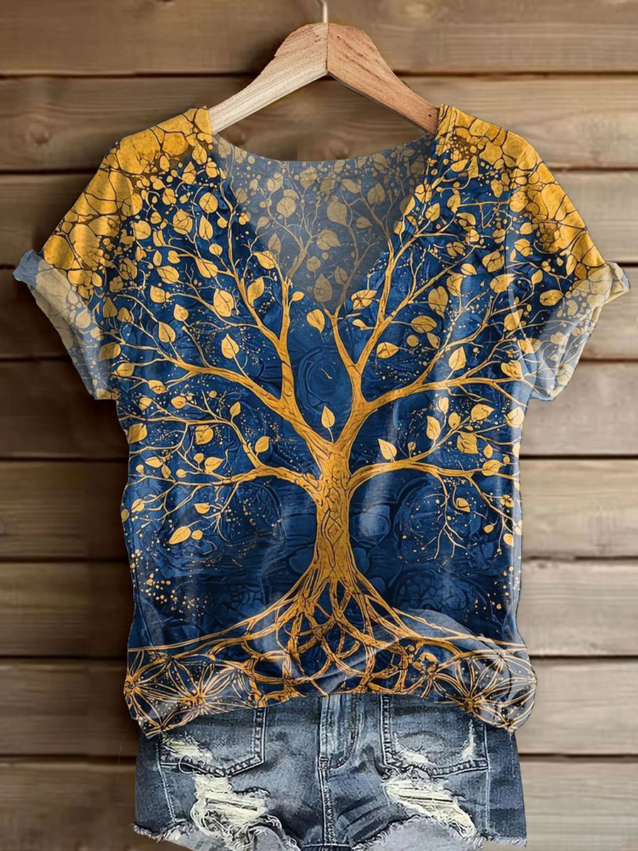 Women's Hippie Tree Art Print V-neck Casual T-Shirt