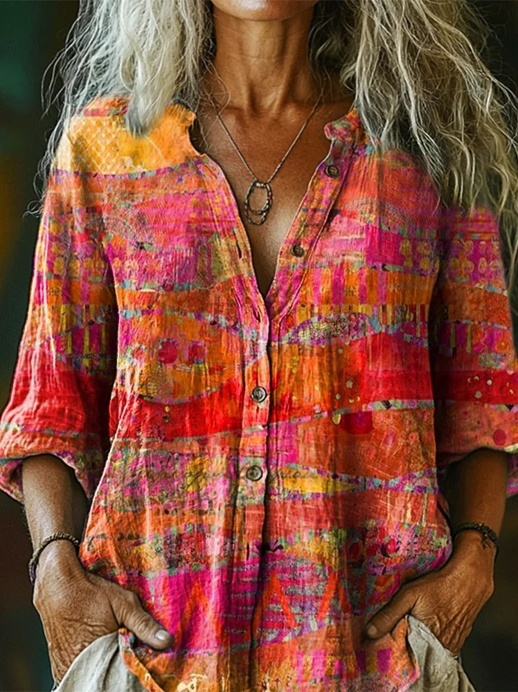 Women's Vintage Ethnic Floral Art Print Linen And Cotton V-neck Casual Shirt